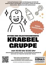 lachendes babygesicht und infotext: offene und selbstorganisierte krabbelgruppe, donnerstags 10-12 uhr im südhaus sehlis