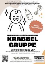 lachendes babygesicht und infotext: offene und selbstorganisierte krabbelgruppe, donnerstags 10-12 uhr im südhaus sehlis
